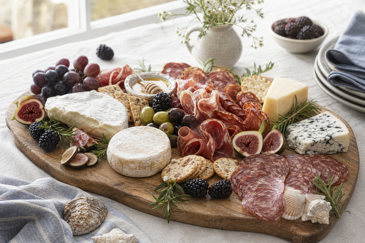 Artfully styled coastal charcuterie board with cheeses, fruit, crackers, and herbs