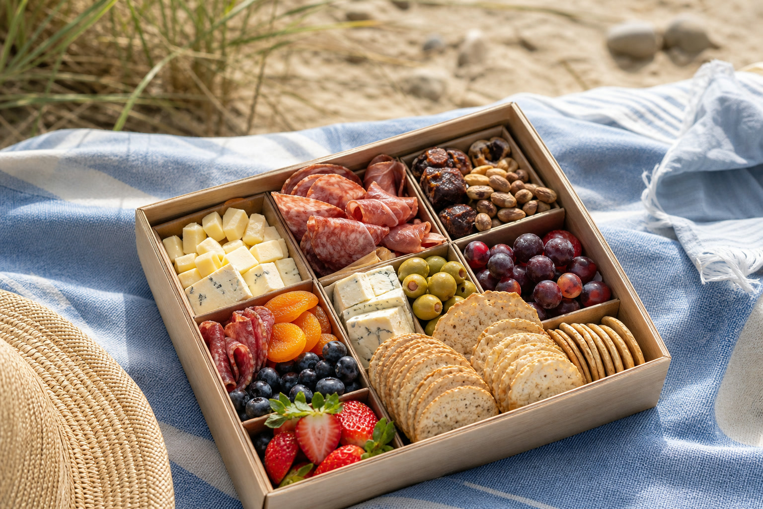 Summer charcuterie board with coastal colors and fresh fruit